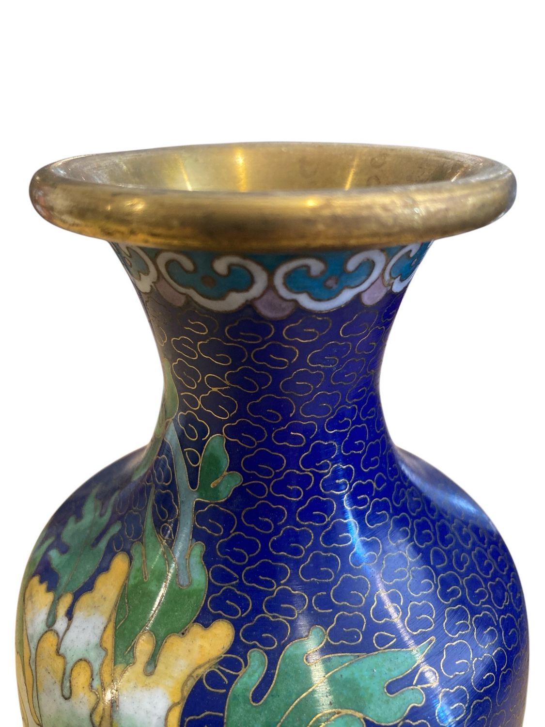 Vaso Vintage Cloisonné Cinese in Ottone Smaltato Blu con Fiori di Peonia