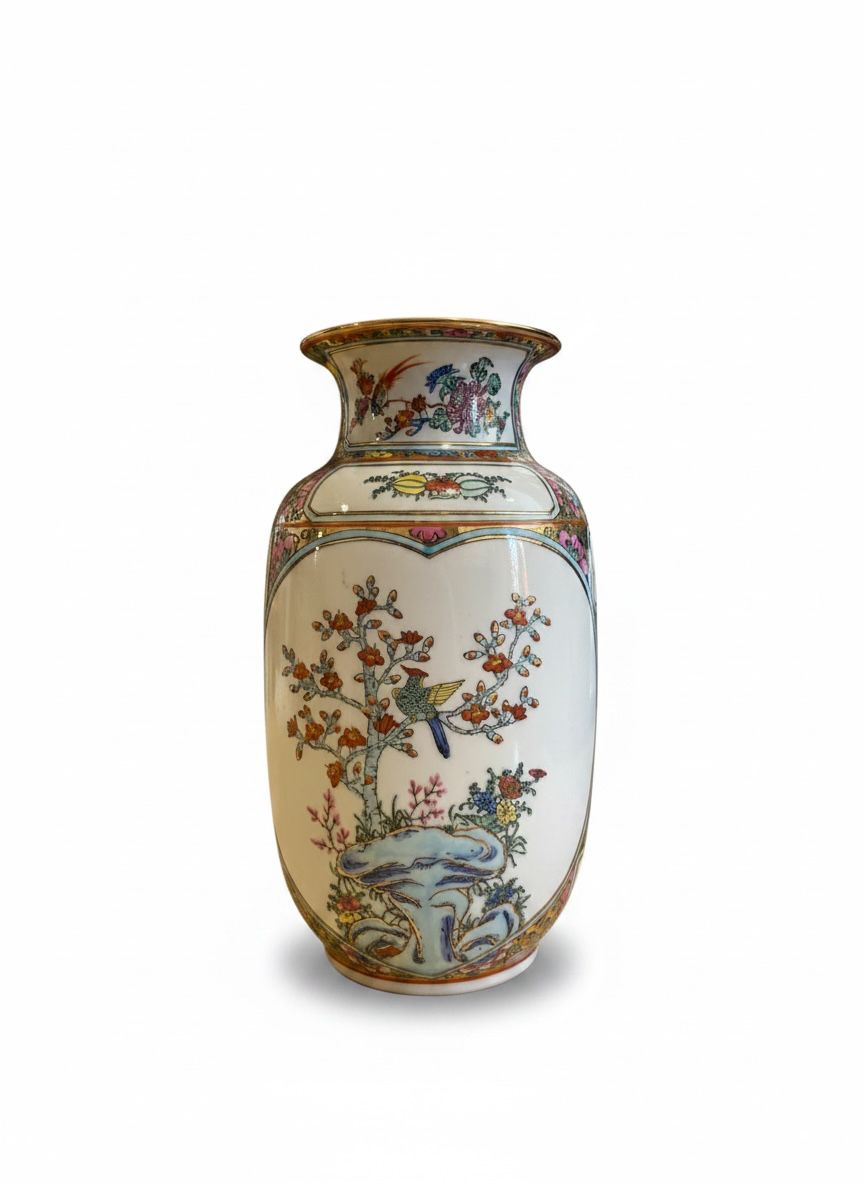Vaso Cinese Vintage in Porcellana Policroma – Decorato a Mano con Dettagli in Oro zecchino e Marchio sul Fondo