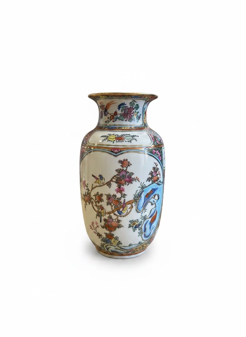 Vaso Cinese Vintage in Porcellana Policroma – Decorato a Mano con Dettagli in Oro zecchino e Marchio sul Fondo