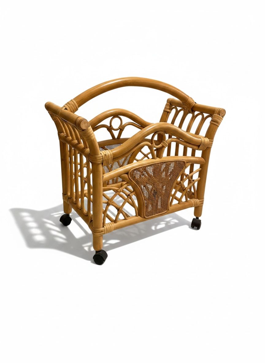 Portariviste Vintage in Bamboo e Rattan con Ruote anni ‘60 Portariviste Vintage in Bamboo e Rattan con Ruote anni ‘60
