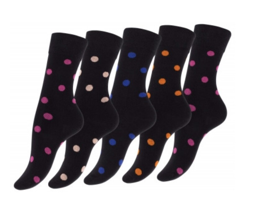 Damessokken - “Crazy Dots” - zacht katoen - comfortabele tailleband - verpakt per 5 paar - zwart met kleurrijke stippen -