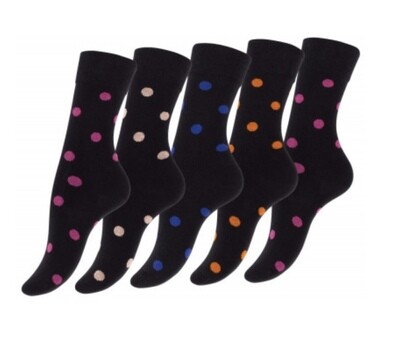 Damessokken - “Crazy Dots” - zacht katoen - comfortabele tailleband - verpakt per 5 paar - zwart met kleurrijke stippen -