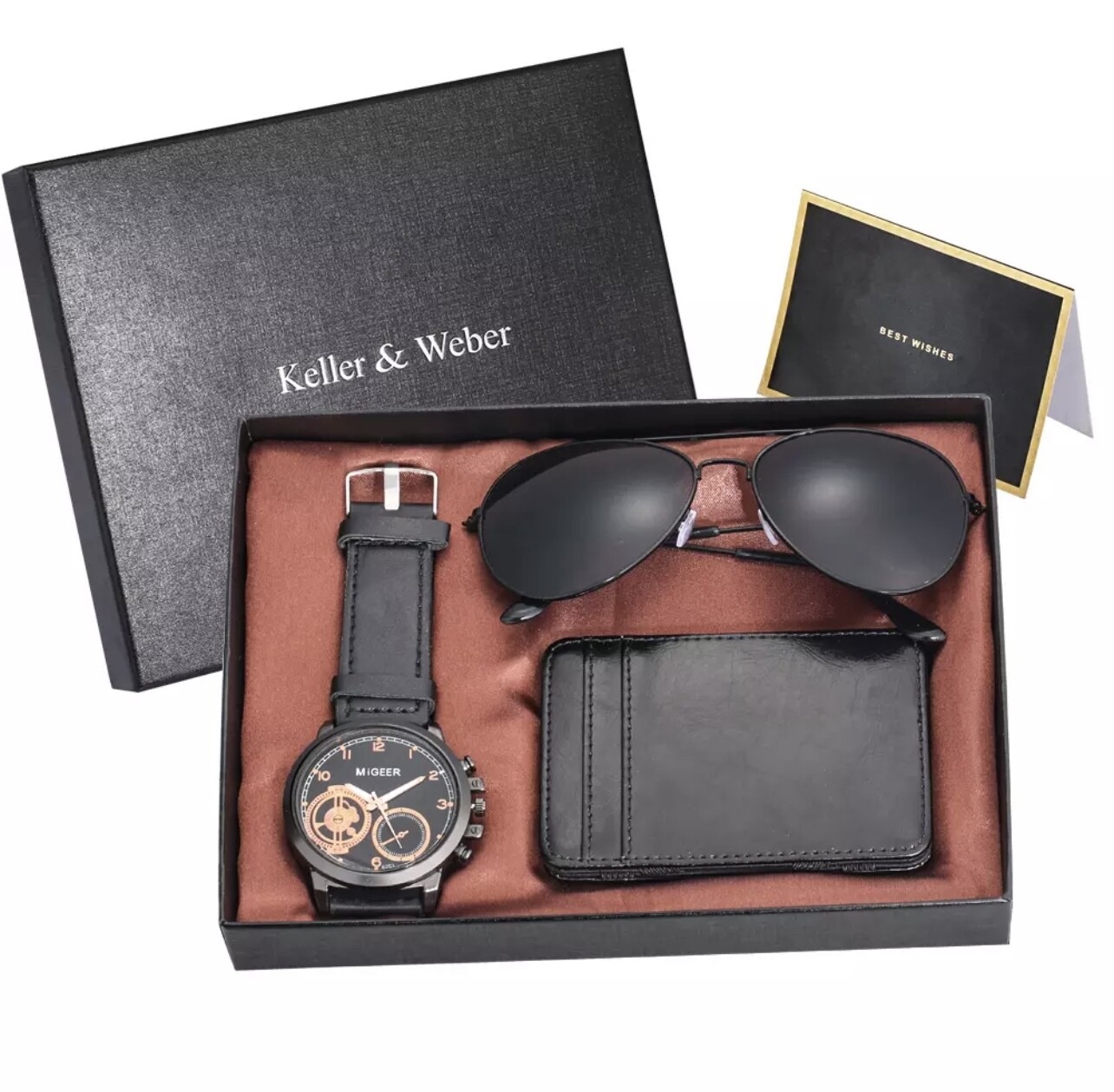 Luxe Giftbox heren - Keller &amp; Weber - geschenk box - lederen portemonnee - Horloge Migeer - zonnebril - zwart accenten -