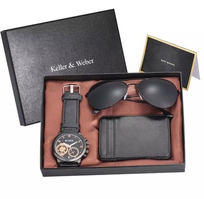 Luxe Giftbox heren - Keller &amp; Weber - geschenk box - lederen portemonnee - Horloge Migeer - zonnebril - zwart accenten -