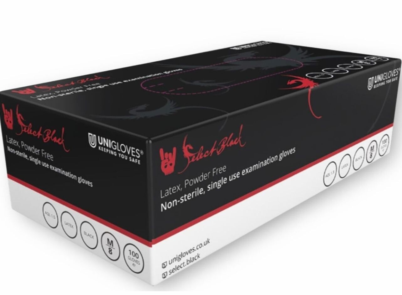 Unigloves Select Black P/F Latex Gloves x 100 (10 Boxes)
