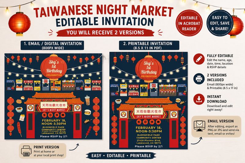 Taiwanese Night Market Birthday Invitation Template | Editable PDF | Bilingual Mandarin English | Email/Web + Printable 8.5x11 Party Invite