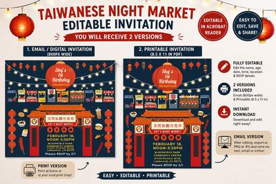 Taiwanese Night Market Birthday Invitation Template | Editable PDF | Bilingual Mandarin English | Email/Web + Printable 8.5x11 Party Invite