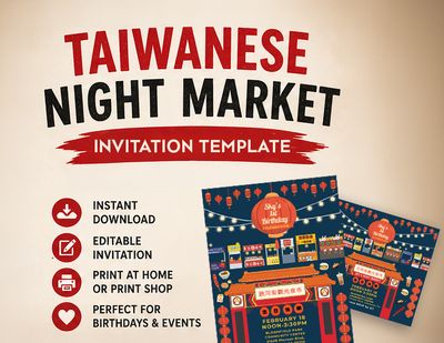 All-In-One Taiwanese Night Market Party Bundle | Editable Invitation + Welcome Poster + Night Market Entrance Cutout + 9 Food Stall Signs
