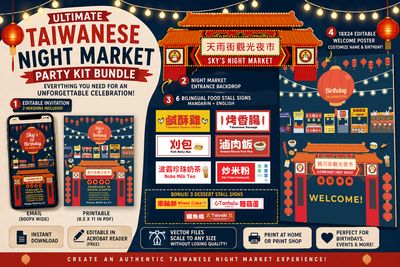 All-In-One Taiwanese Night Market Party Bundle | Editable Invitation + Welcome Poster + Night Market Entrance Cutout + 9 Food Stall Signs