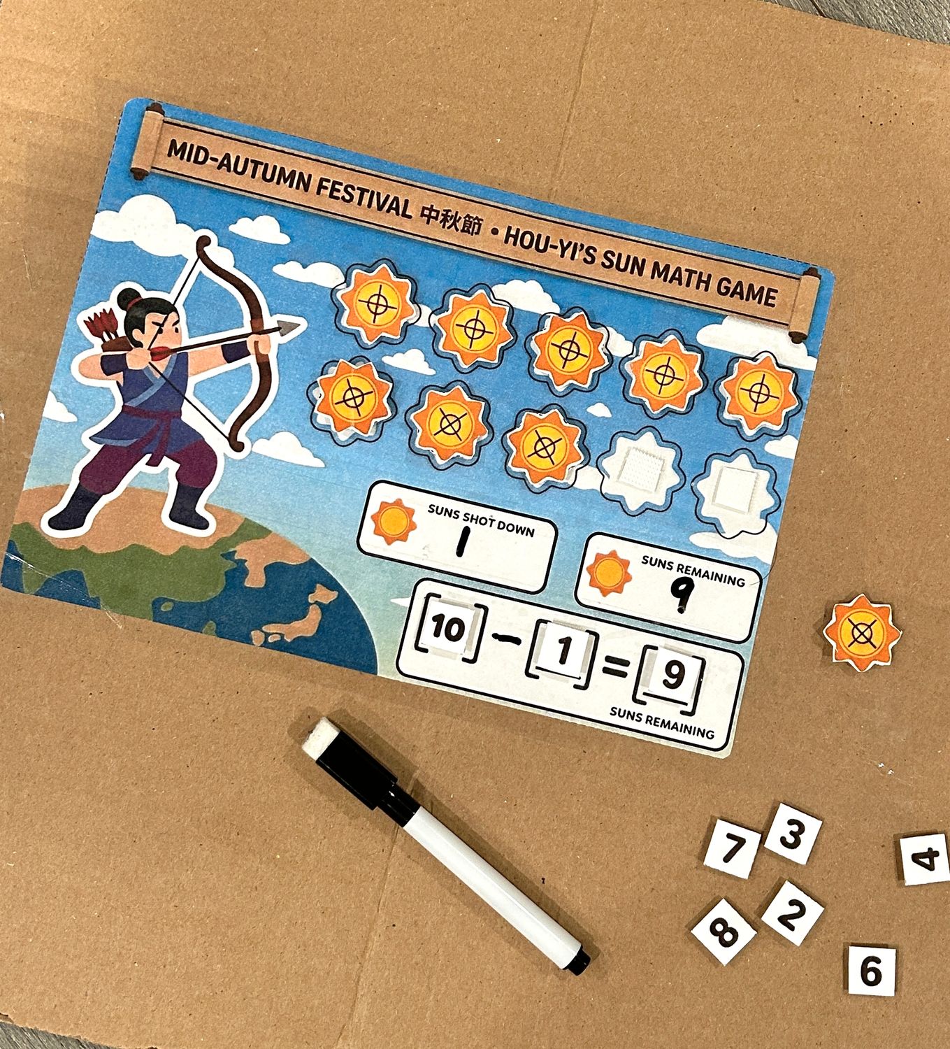 Mid-Autumn Festival Hou-Yi Sun Math Game | DIY Interactive Subtraction &amp; Addition Printable Activity for Toddlers &amp; Preschoolers (Ages 3–6)