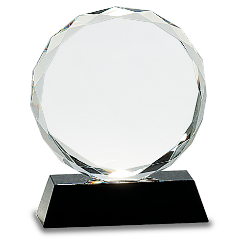 Round Facet Crystal on Black Pedestal Base