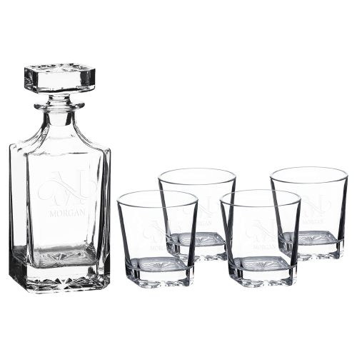 Square Glass Decanter Set with Four 11 oz. Glasses and Gift Box