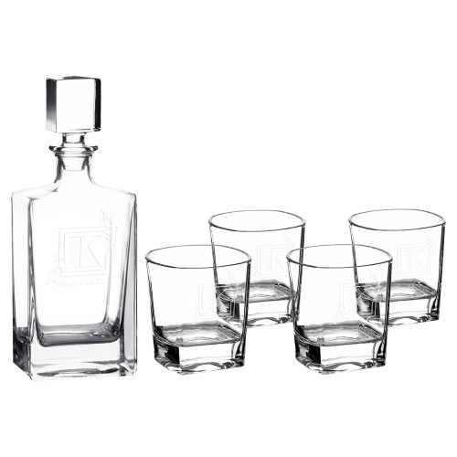 Rectangle Glass Decanter Set with Four 8 oz. Glasses and Gift Box