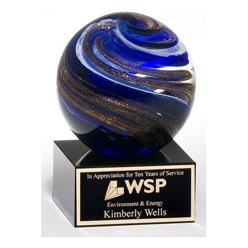 BLUE, WHITE, AND METALLIC GOLD HIGHLIGHTS ART GLASS GLOBE AWARD