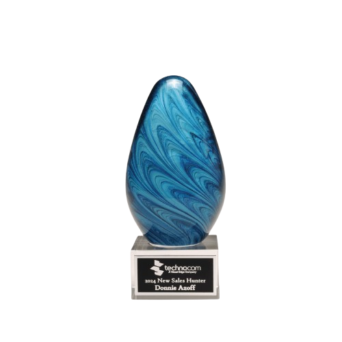 6 1/4" Blue and Green Egg Shaped Art Glass on Clear Glass