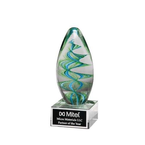6 1/2" Blue and Green Helix Egg Shaped Art Glass on Clear Glass Base