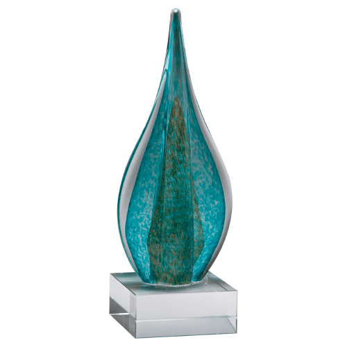 11 1/2" Teal/Green Teardrop with Gold Metallic Accent on Clear Glass Base