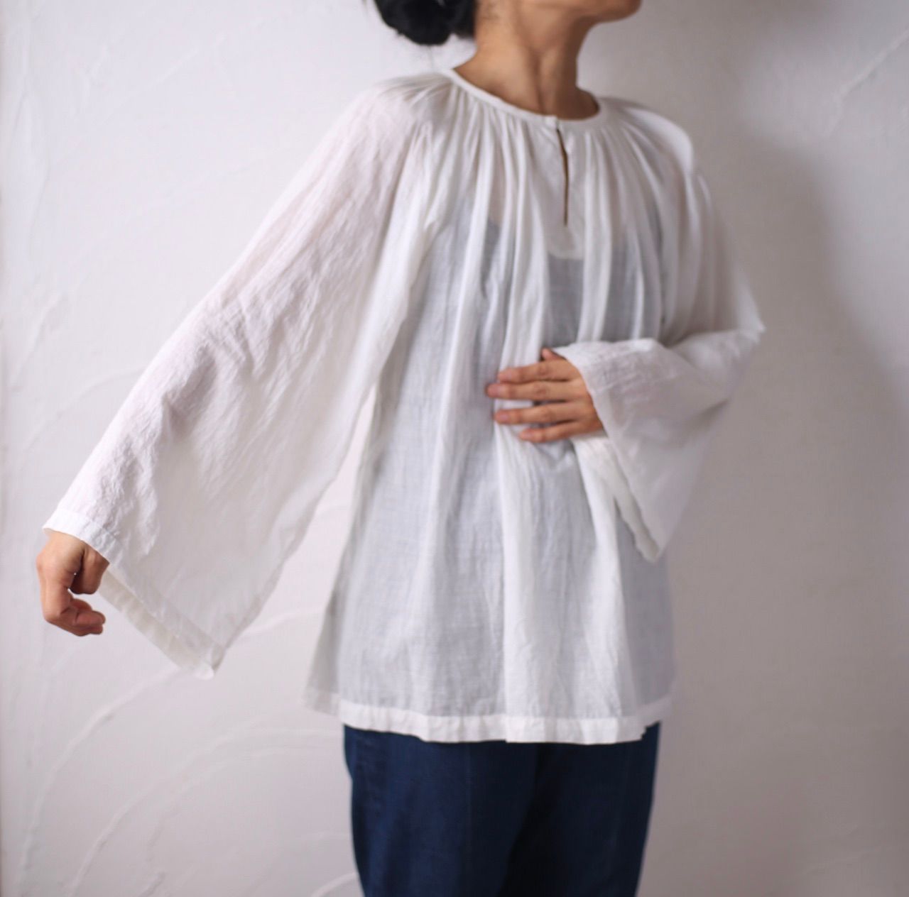 カディコットン 200カウントブラウス/Khadi cotton pullover blouse「ボタニカルプリント③/Botanical print」