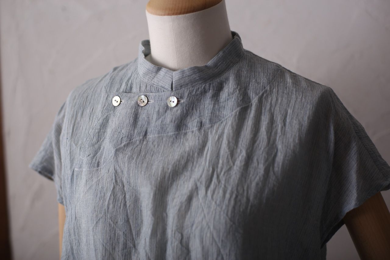 カディコットン シノワズリブラウス/Khadi cotton pullover blouse「先染めストライプ織り/Stripe」
