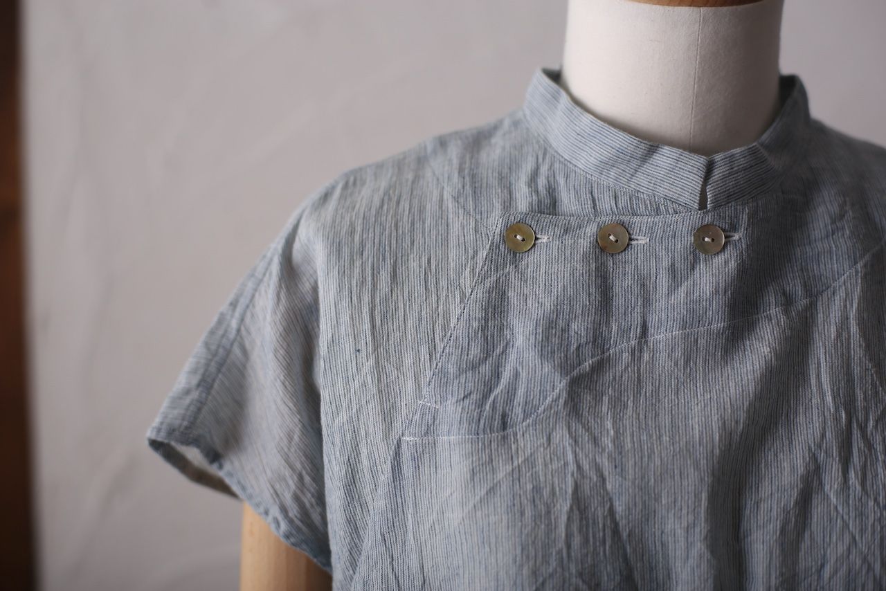 カディコットン シノワズリブラウス/Khadi cotton pullover blouse「先染めストライプ織り/Stripe」