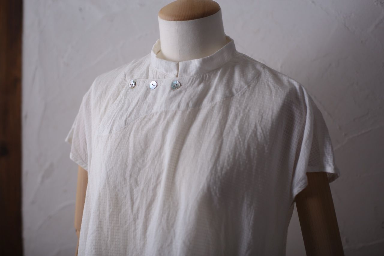 カディコットン シノワズリブラウス/Khadi cotton pullover blouse 「チェック織り オフ/Neutral」