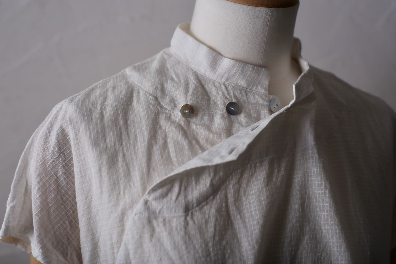 カディコットン シノワズリブラウス/Khadi cotton pullover blouse 「チェック織り オフ/Neutral」