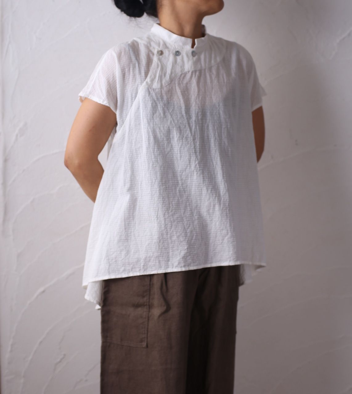 カディコットン シノワズリブラウス/Khadi cotton pullover blouse「先染めストライプ織り/Stripe」