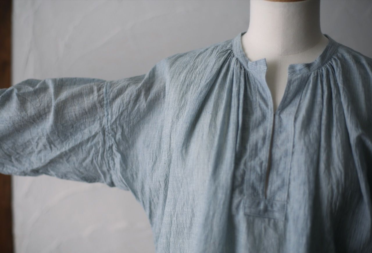 カディコットン カフタン風ブラウス/Khadi cotton pullover blouse「先染めストライプ織り/Stripe」