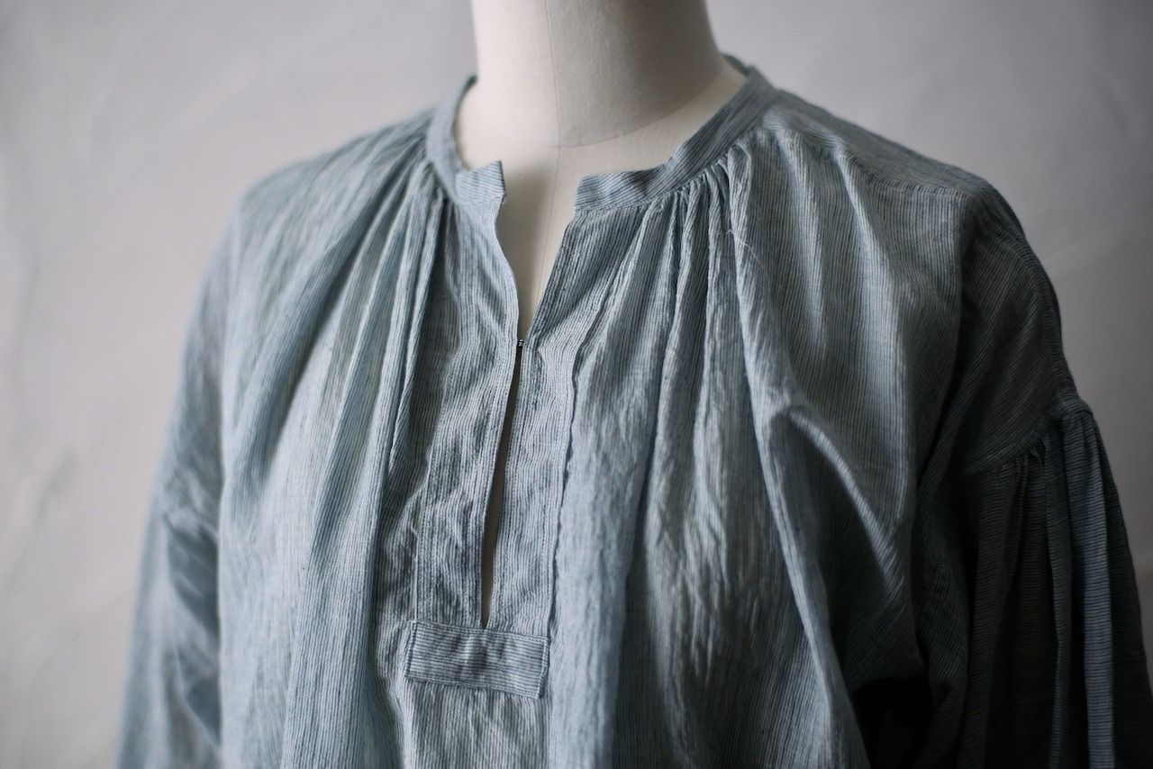 カディコットン カフタン風ブラウス/Khadi cotton pullover blouse「先染めストライプ織り/Stripe」
