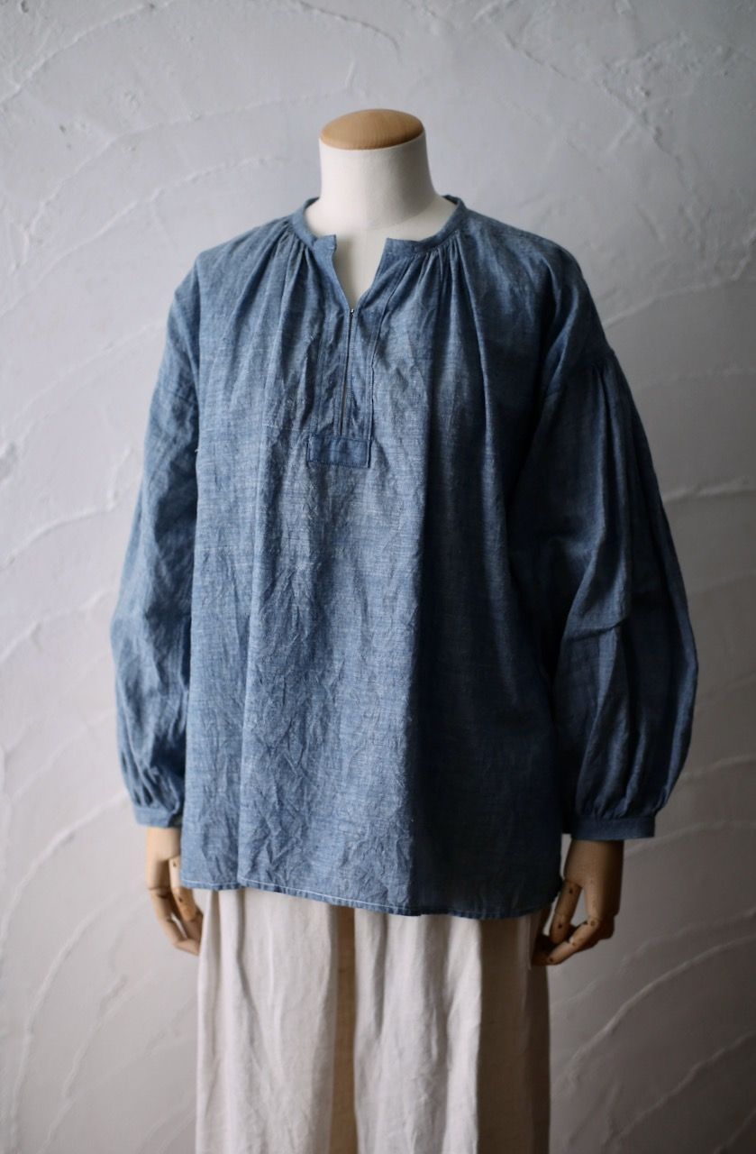 カディコットン カフタン風ブラウス/Khadi cotton pullover blouse「糸先染め 藍シャンブレー/Indigo chambray」