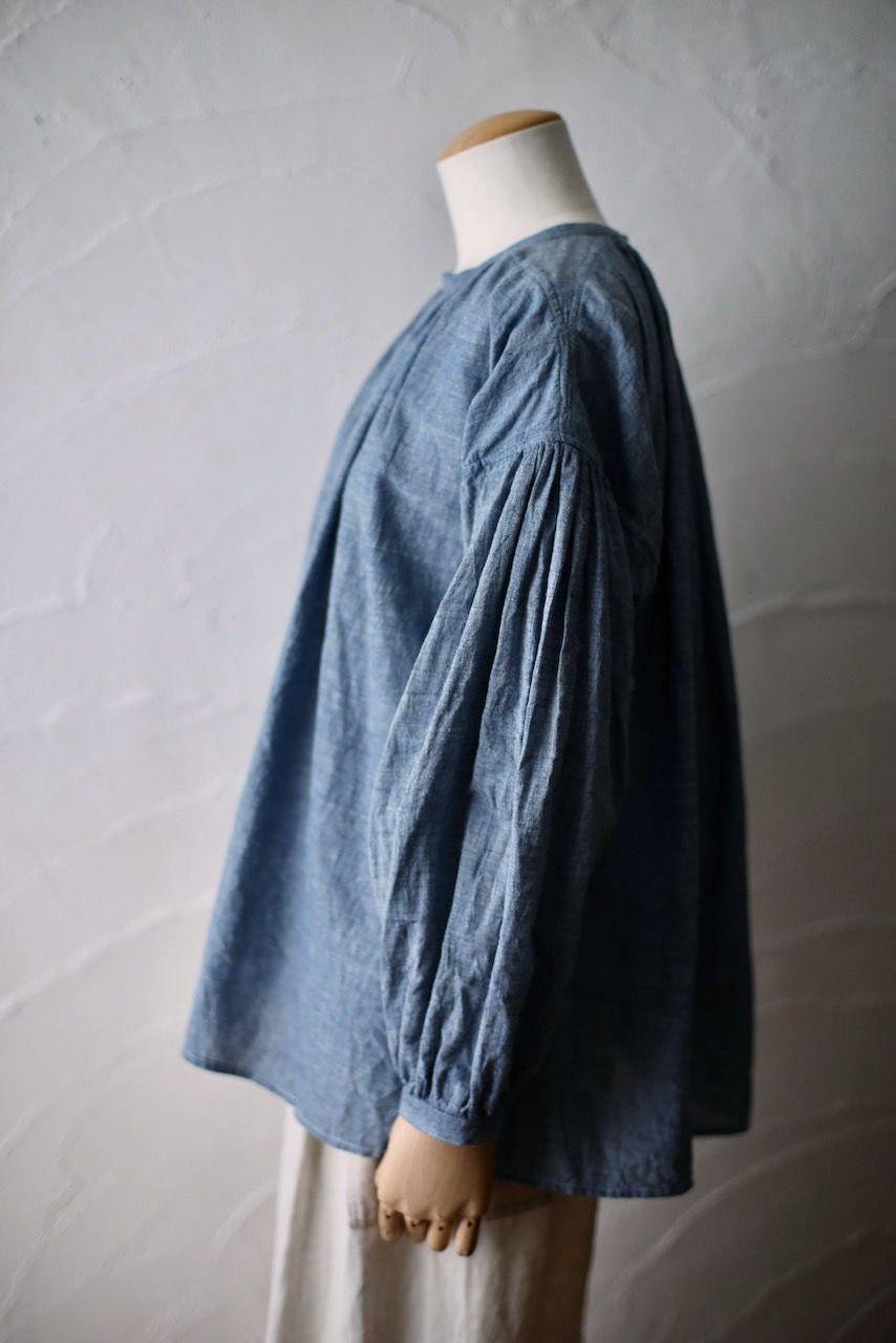 カディコットン カフタン風ブラウス/Khadi cotton pullover blouse「糸先染め 藍シャンブレー/Indigo chambray」