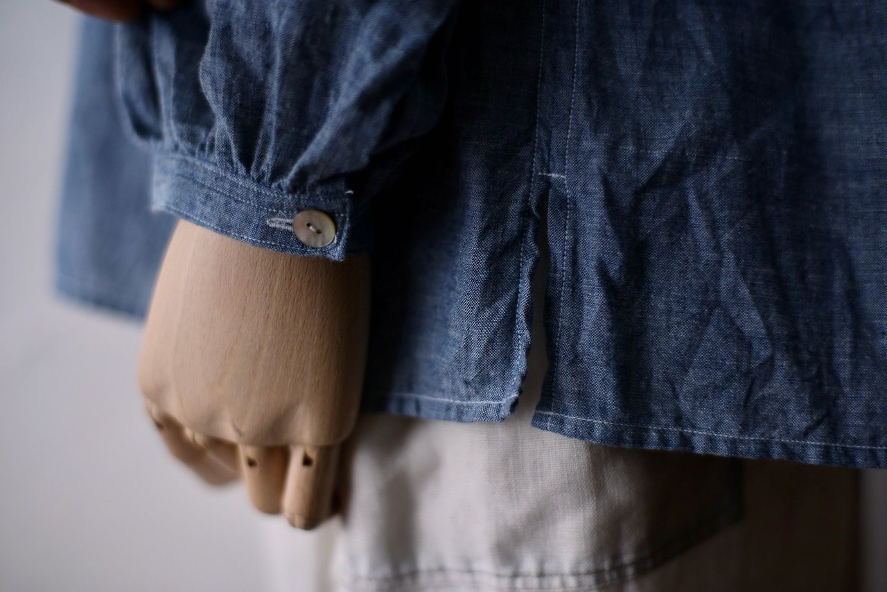 カディコットン カフタン風ブラウス/Khadi cotton pullover blouse「糸先染め 藍シャンブレー/Indigo chambray」