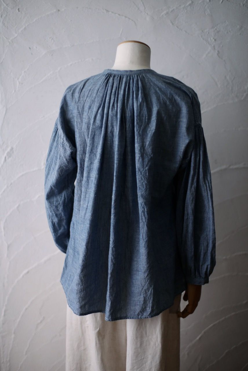 カディコットン カフタン風ブラウス/Khadi cotton pullover blouse「糸先染め 藍シャンブレー/Indigo chambray」