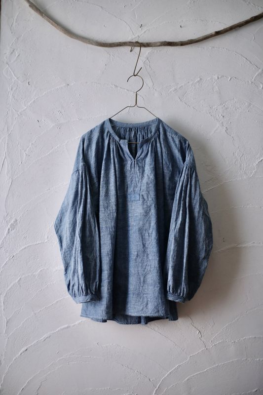 カディコットン カフタン風ブラウス/Khadi cotton pullover blouse「糸先染め 藍シャンブレー/Indigo chambray」 カディコットン カフタン風ブラウス/Khadi cotton pullover blouse「糸先染め 藍シャンブレー/Indigo chambray」