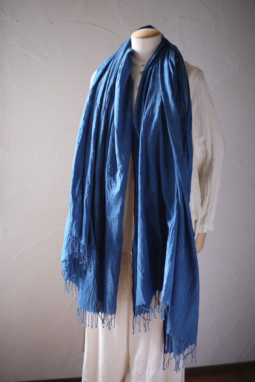 カディコットン 大判ストール  発酵灰汁建て藍染め Khadi cotton scarf 「浅葱/Light indigo」
