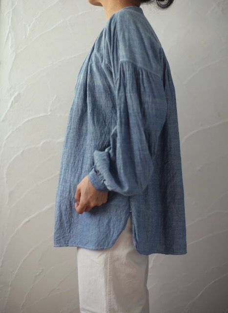 カディコットン 前ボタンブラウス khadi cotton blouse 「藍先染めシャンブレー/Indigo」