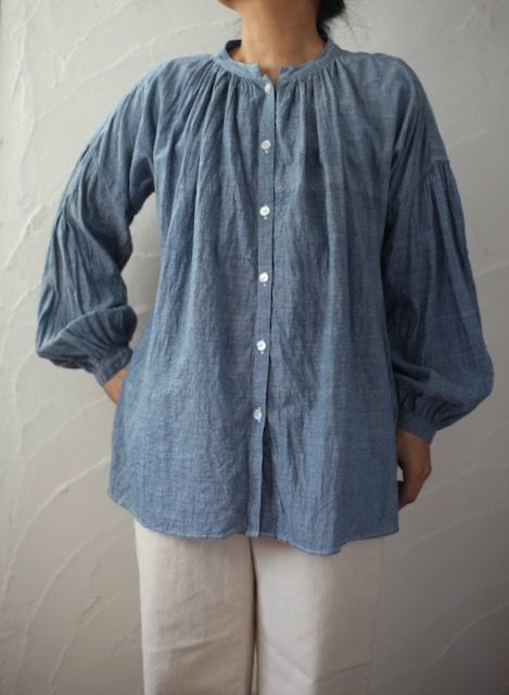 カディコットン 前ボタンブラウス khadi cotton blouse 「藍先染めシャンブレー/Indigo」