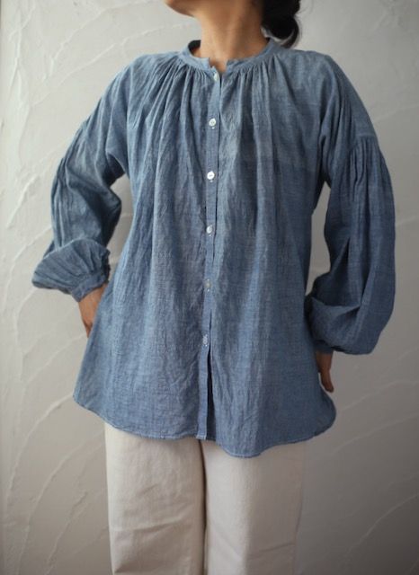 カディコットン 前ボタンブラウス khadi cotton blouse 「藍先染めシャンブレー/Indigo」