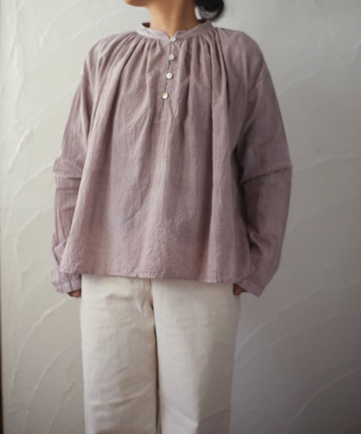 カディコットン カウント100 ギャザーブラウス khadi cotton pullover blouse 「灰桜/Dusty pink」
