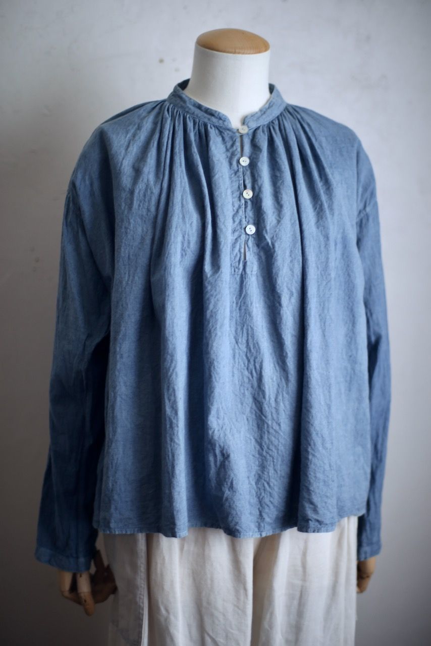 カディコットン カウント100 ギャザーブラウス khadi cotton pullover blouse 「薄藍/Light indigo」