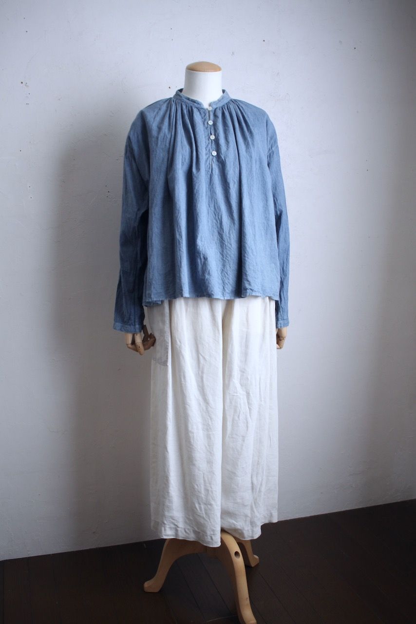 カディコットン カウント100 ギャザーブラウス khadi cotton pullover blouse 「薄藍/Light indigo」