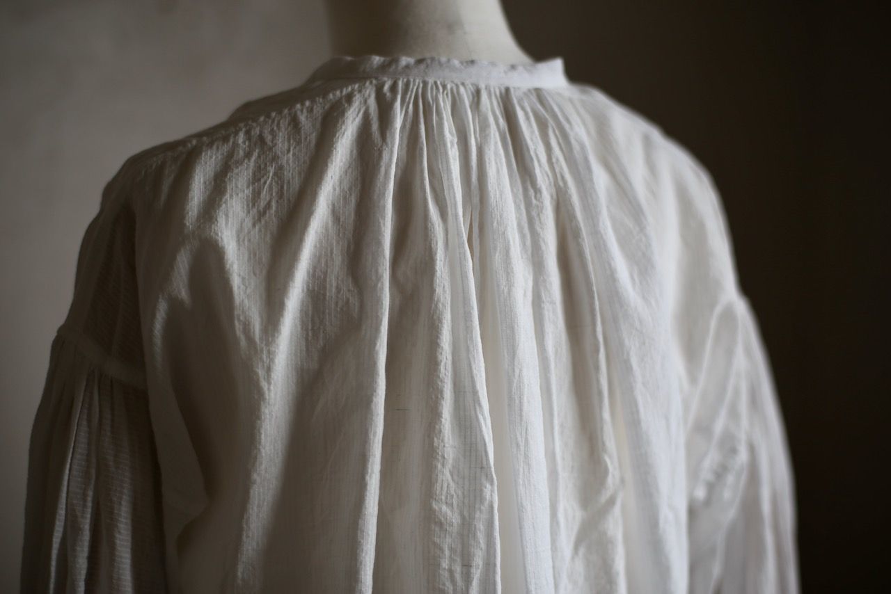 カディコットン カフタン風ブラウス/Khadi cotton pullover blouse「オフ コード織りストライプ」