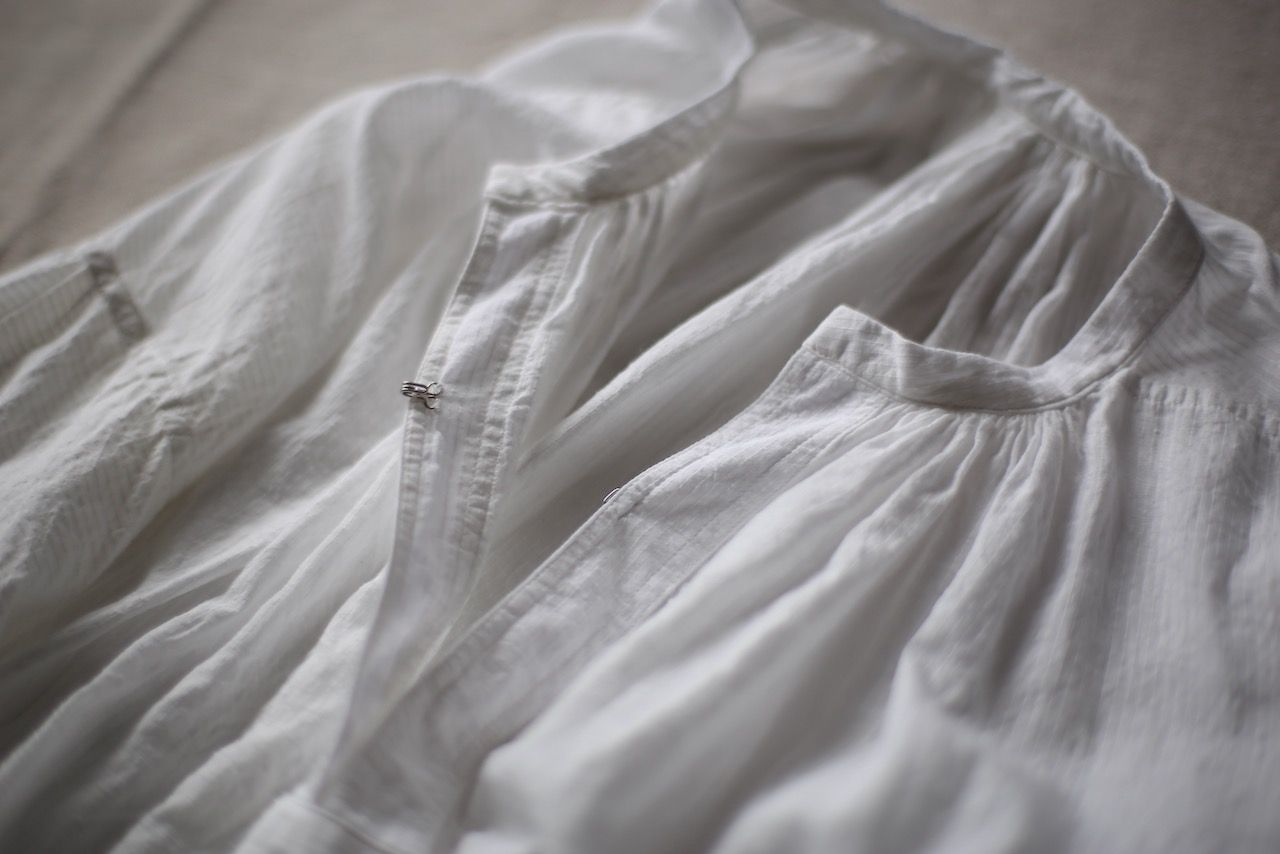 カディコットン カフタン風ブラウス/Khadi cotton pullover blouse「オフ コード織りストライプ」