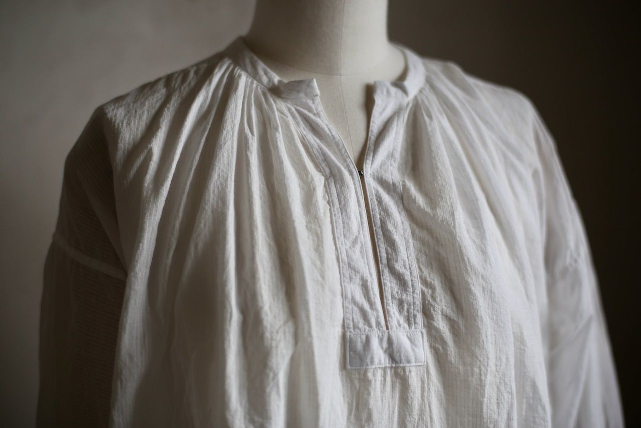 カディコットン カフタン風ブラウス/Khadi cotton pullover blouse「オフ コード織りストライプ」