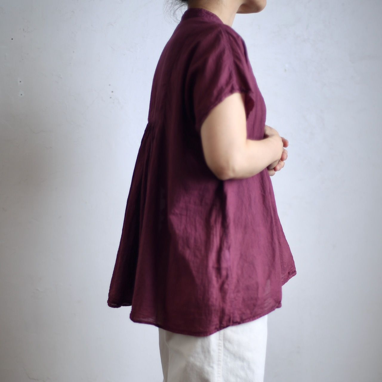 コットンローン パネル切り替えブラウス/ Cotton lawn blouse 「茜/Madder red」