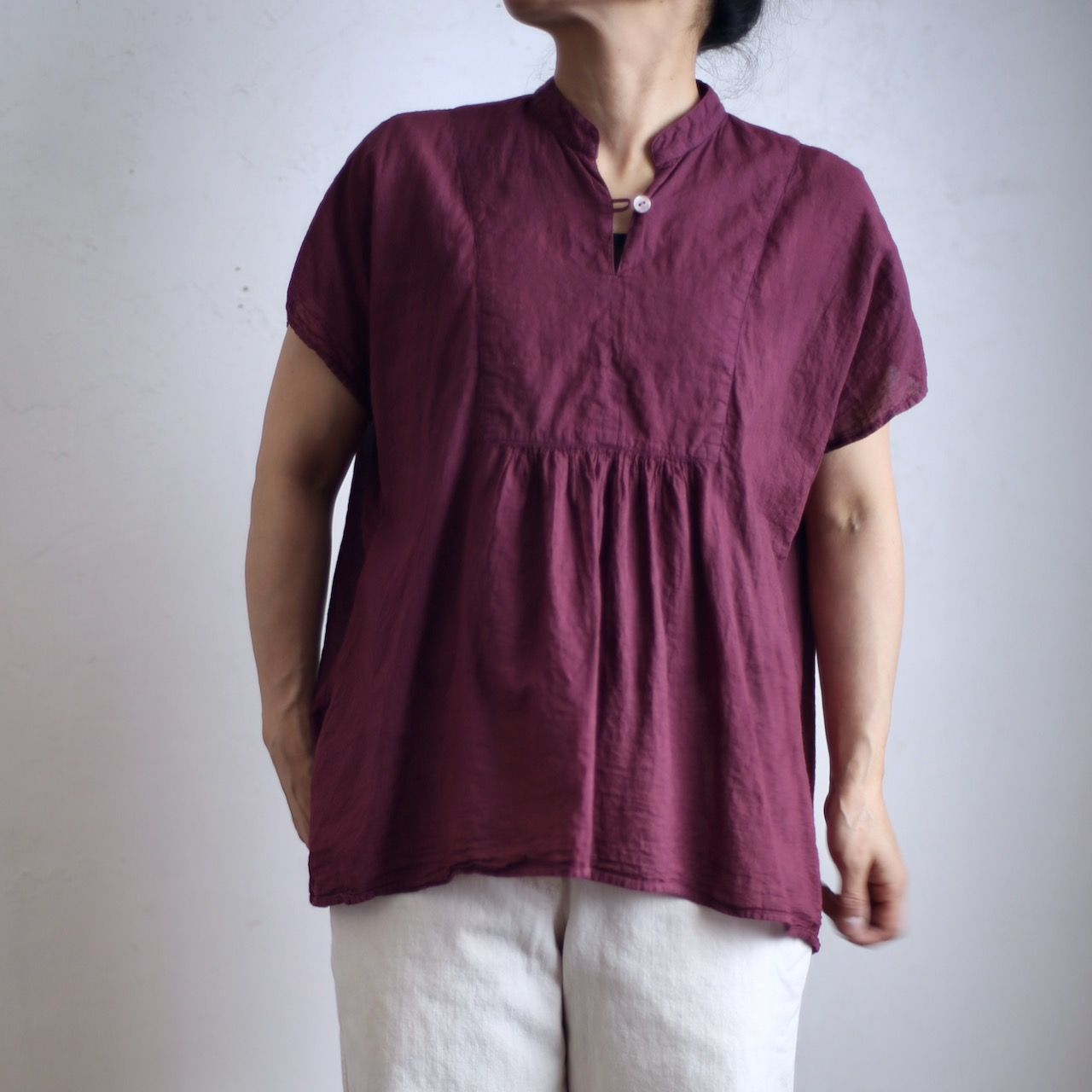 コットンローン パネル切り替えブラウス/ Cotton lawn blouse 「茜/Madder red」