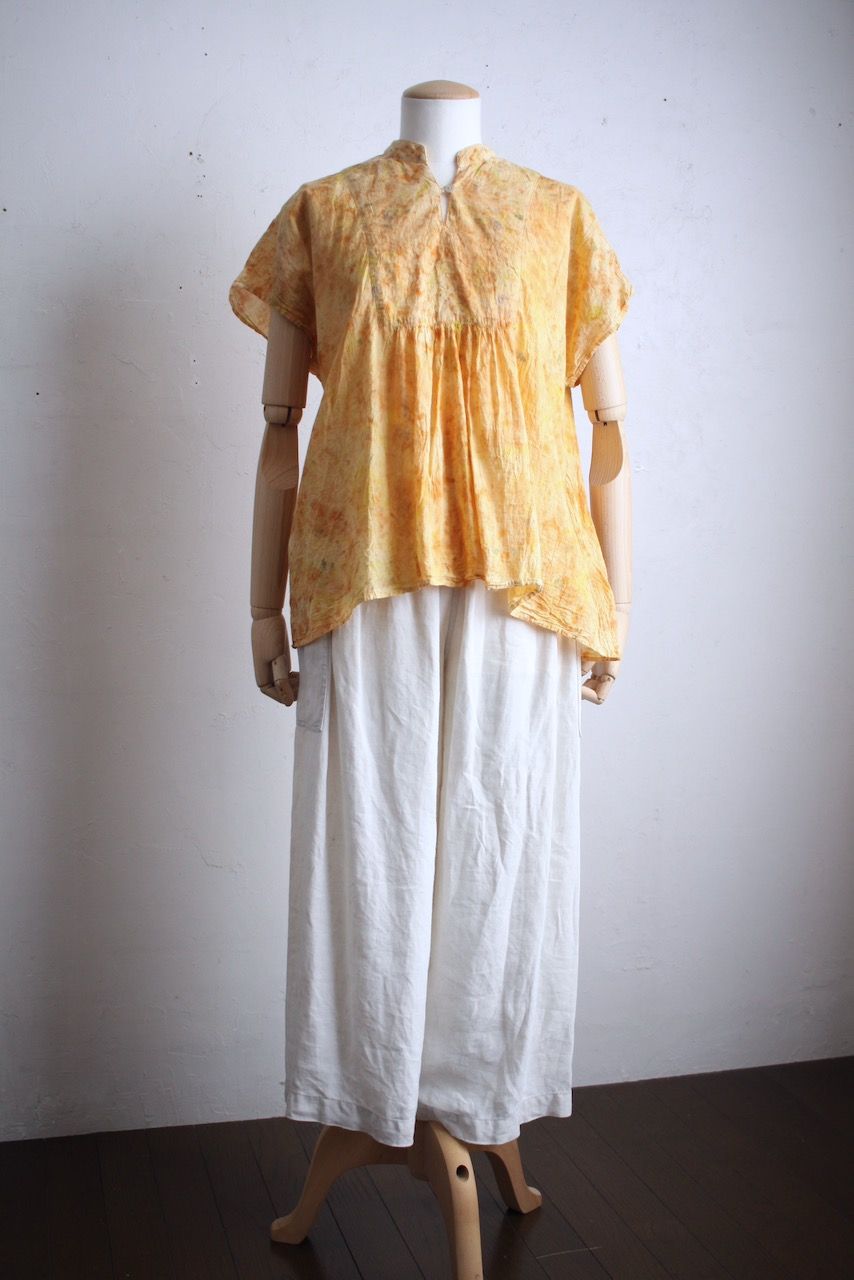 コットンローン パネル切り替えブラウス/ Cotton lawn blouse 「ボタニカルプリント」たんぽぽ色