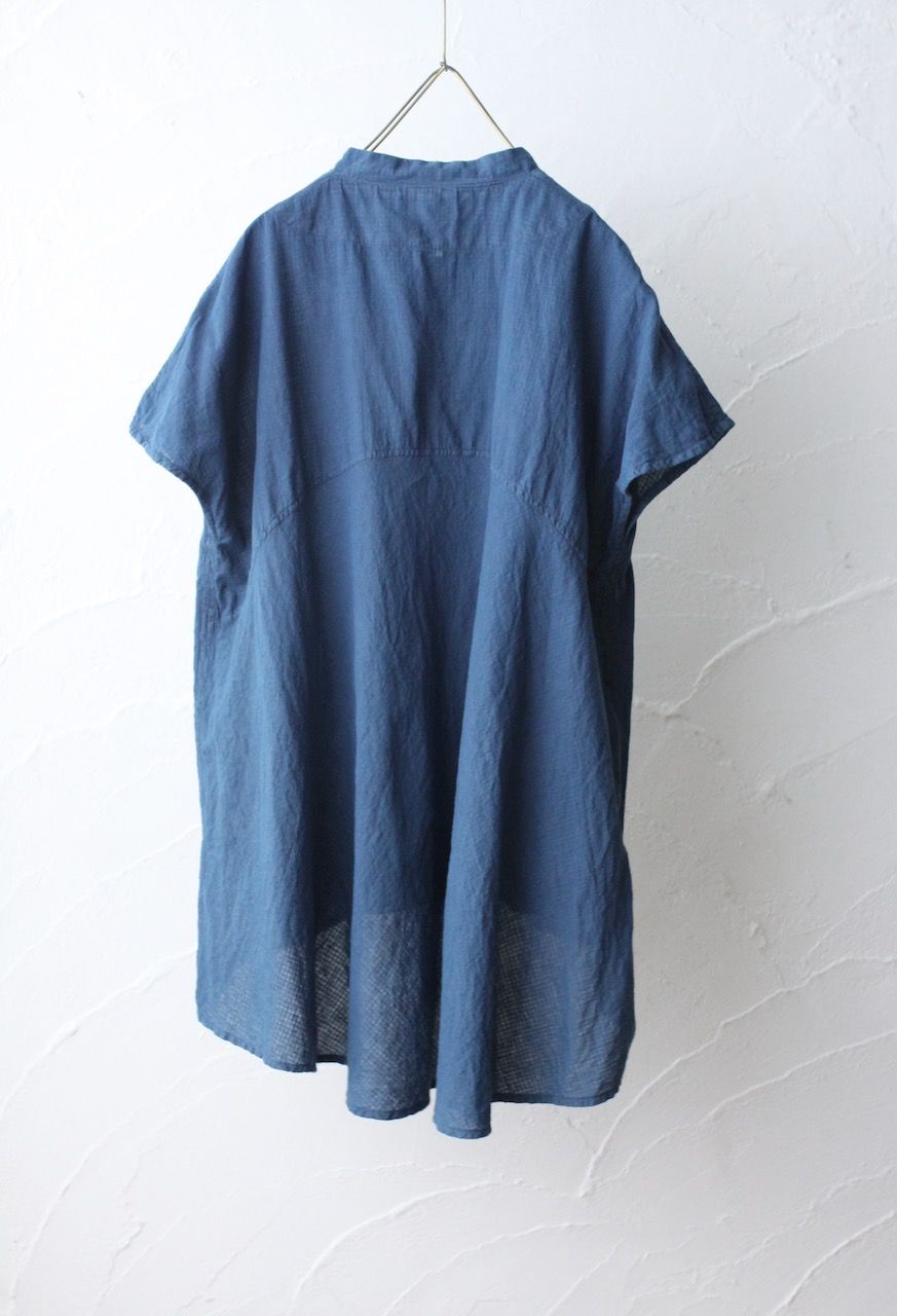 カディコットン シノワズリブラウス/Khadi cotton pullover blouse 「チェック織り 藍と墨/Indigo and charcoal」