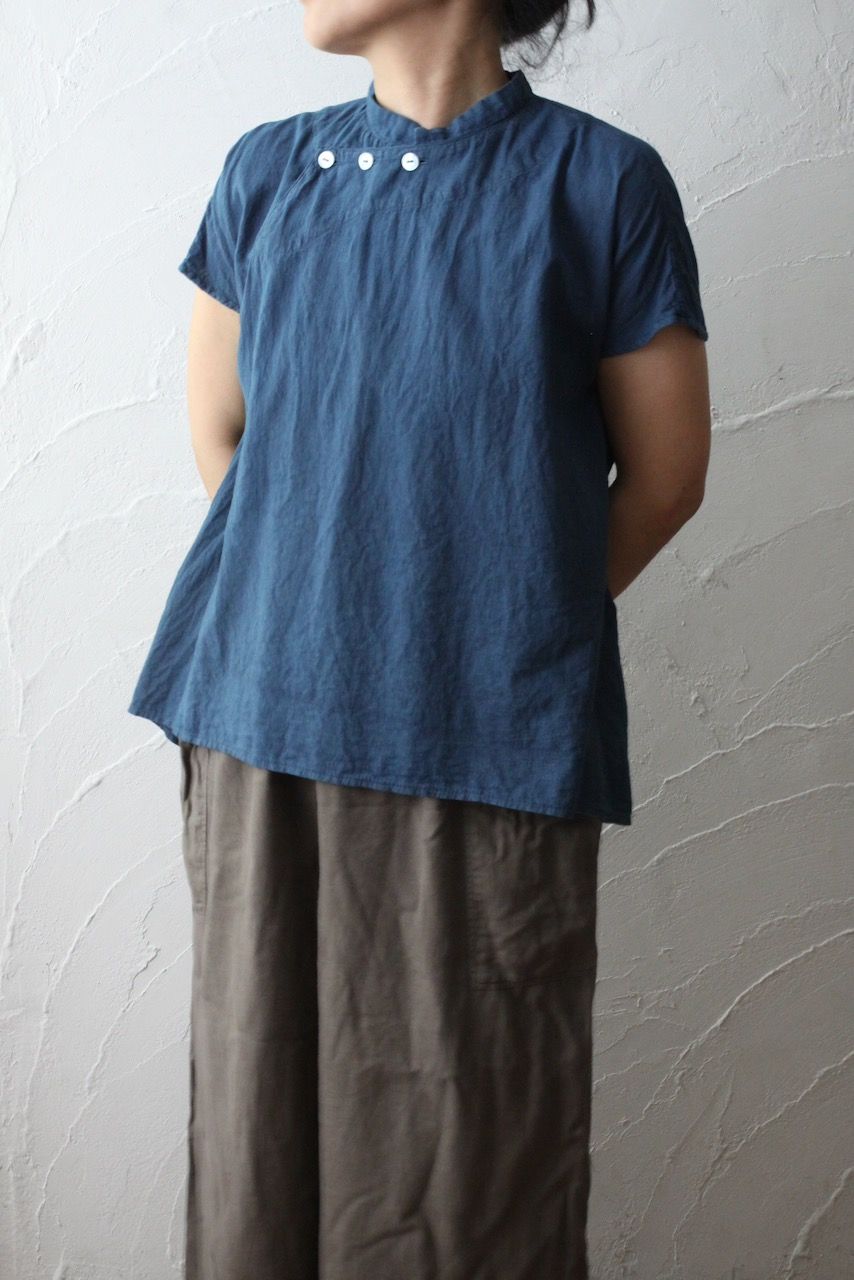 カディコットン シノワズリブラウス/Khadi cotton pullover blouse チェック織り 「墨/Charcoal」