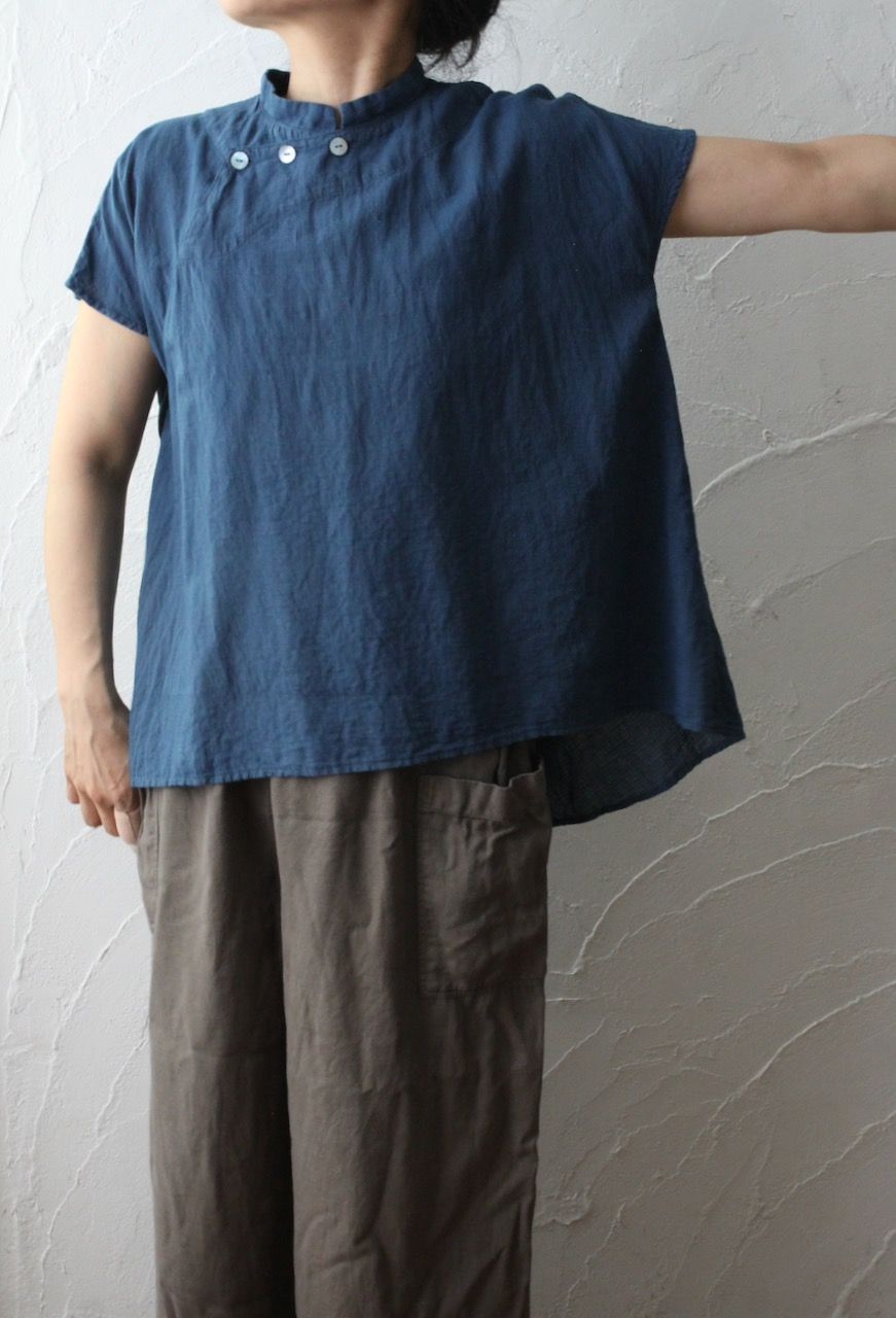 カディコットン シノワズリブラウス/Khadi cotton pullover blouse チェック織り 「墨/Charcoal」